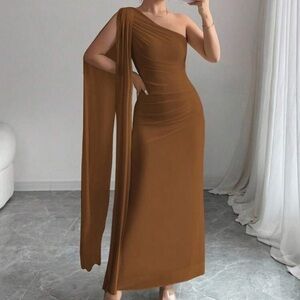 Chocolate Brown One Shoulder Draped Maxi Dress XL 12 Elegant Evening Formal